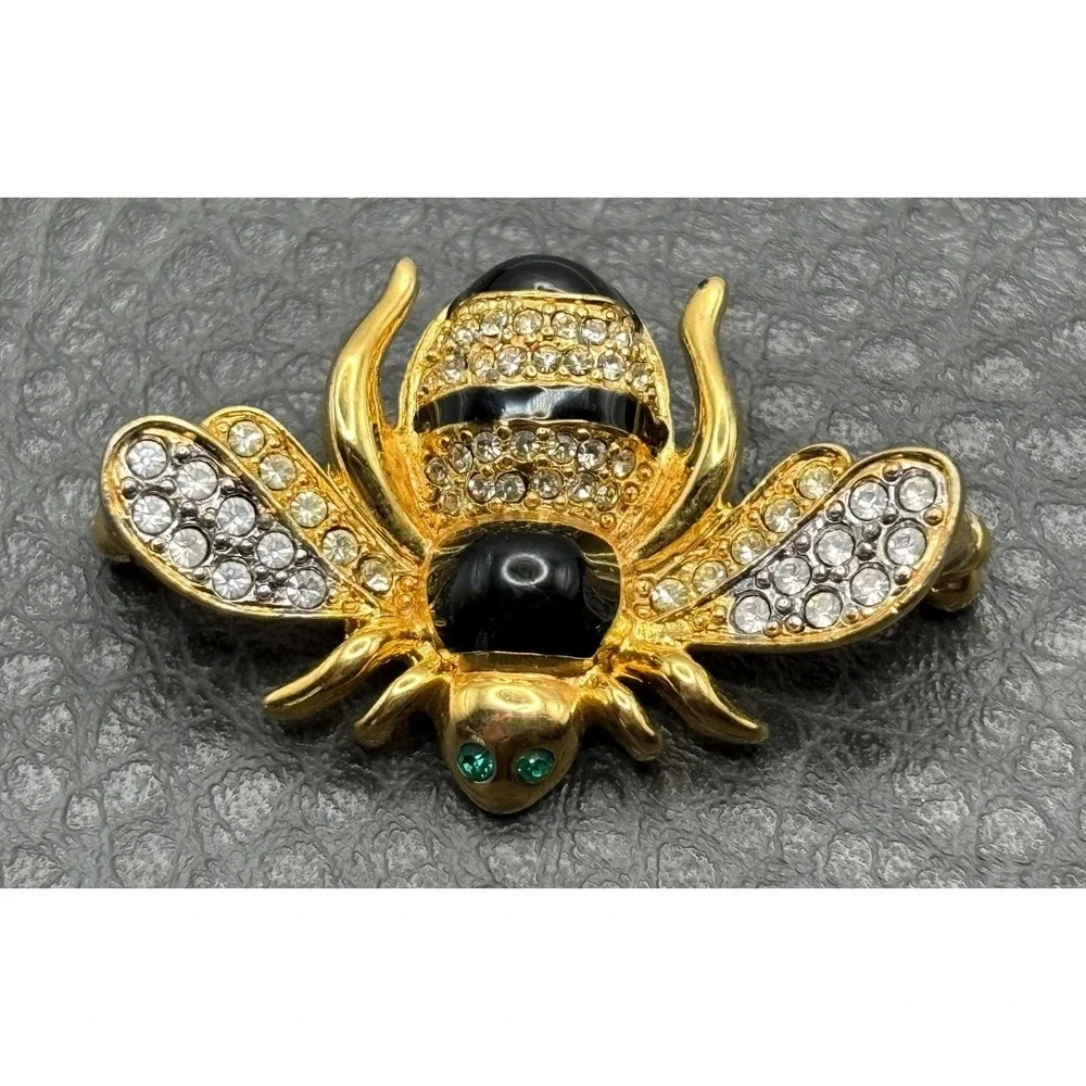 VTG MFA 1993 Enamel Bee Insect Brooch Black Glass Rhinestone Crystal Pin